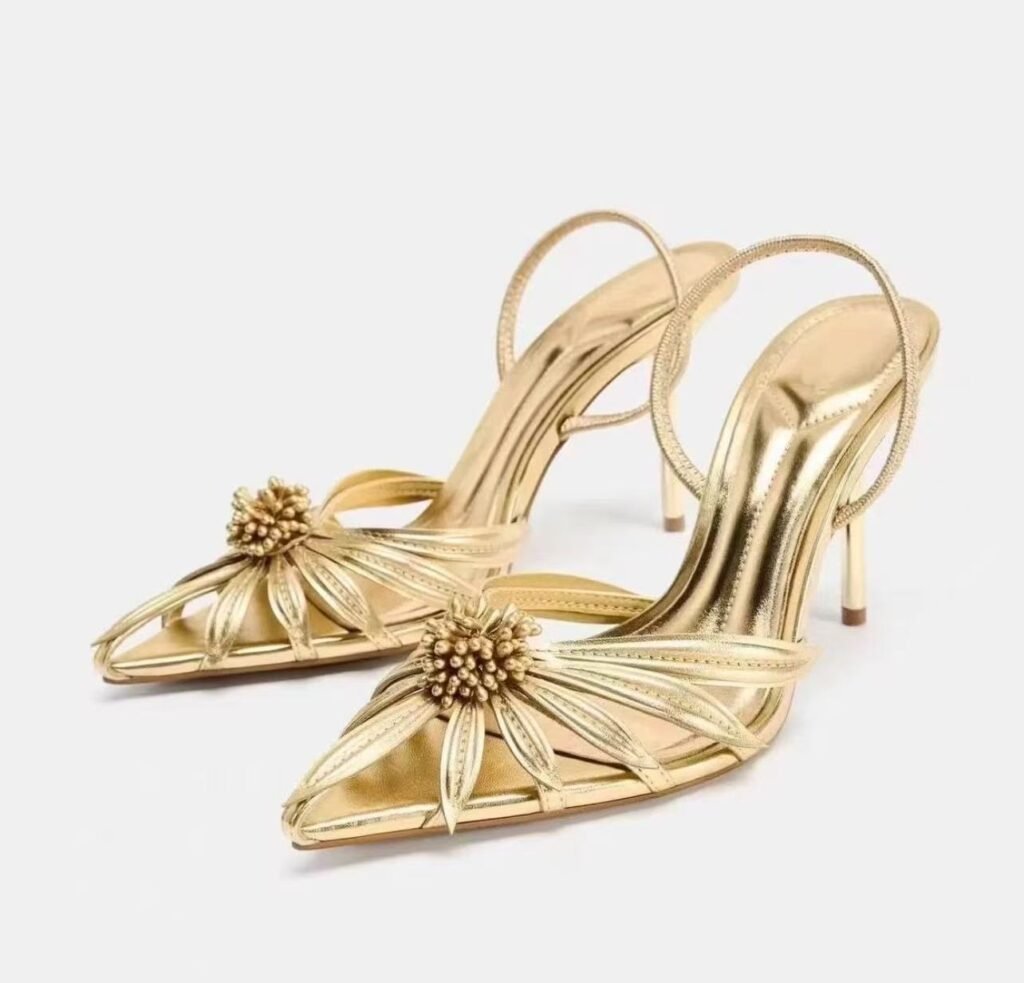 Gold Zara flower-detail heeled sandals with ankle strap